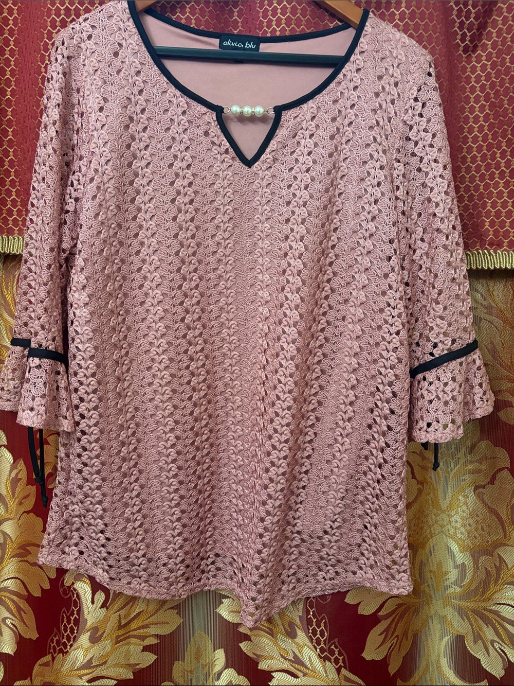 Olivia Blu Pink Lace Blouse with Pearl Accent